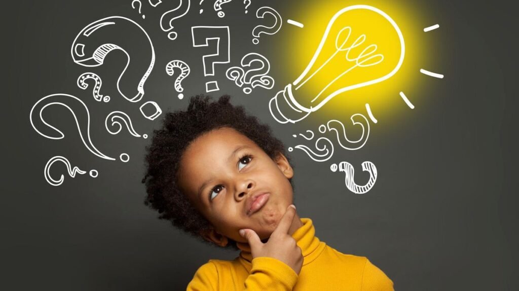 thinking child boy on black background with light bulb and question marks. brainstorming and idea concept